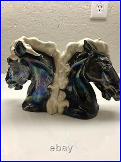 Iridescent book ends art pottery horse heads art deco