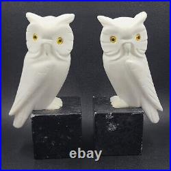 Italy Owl Bookends Alabaster Owls with Glass Eyes on Marble Signed