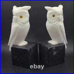 Italy Owl Bookends Alabaster Owls with Glass Eyes on Marble Signed