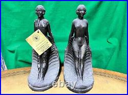 J B Hirsch Antique Bookends Art Deco Nude Nymph On Leaf Bronzed Metal 8.5