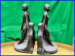 J B Hirsch Antique Bookends Art Deco Nude Nymph On Leaf Bronzed Metal 8.5