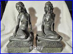 Kbw Lg Bronze Clad Art Deco Nude Lady Bust Art Statue Sculpture Bookends