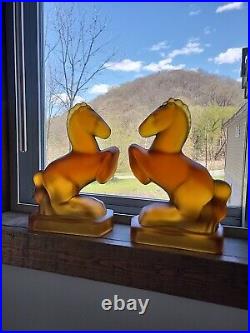 L. E. Smith Rare Amber Satin Glass Rearing Horse Bookends Pair Vintage