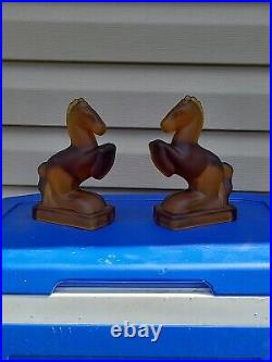 L. E. Smith Rare Amber Satin Glass Rearing Horse Bookends Pair Vintage