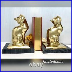 Large Solid Brass Cat States on Grey Marble Stone Vintage Book Ends a PAIR