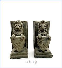 Lion Holding Shield Heavy Cement Bookends Collectible Office Decor
