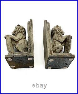 Lion Holding Shield Heavy Cement Bookends Collectible Office Decor