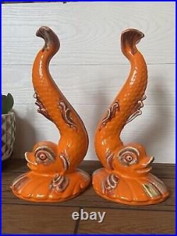 MCM Ceramic Orange Fish Bookends Statues Pair Vintage Tall Fish Figurines Set