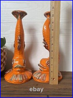 MCM Ceramic Orange Fish Bookends Statues Pair Vintage Tall Fish Figurines Set