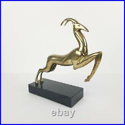 Mid Century Brass Gazelle Deer Bookend Statue Marble Art Deco 10in