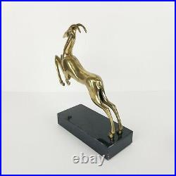 Mid Century Brass Gazelle Deer Bookend Statue Marble Art Deco 10in