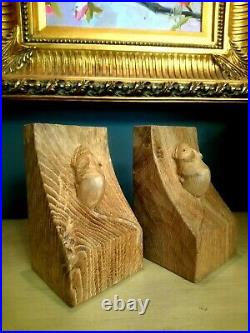 Mouseman Hand Carved Bookends. Solid Oak With Signature Mouse. Robert Thompson