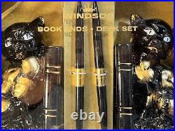 NEW Vintage 1950's Windsor Siamese Black & Gold Cat Bookends Desk Set MCM