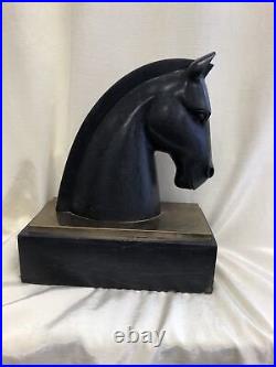 One Art Deco Black Marble and Brass Horse Head Bookend Statue Trojan Horse