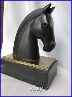 One Art Deco Black Marble and Brass Horse Head Bookend Statue Trojan Horse