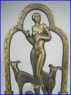 Orig Old Art Deco Nude Beauty Greyhounds Decorative Art Bookend Cast Iron BrassW