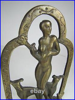 Orig Old Art Deco Nude Beauty Greyhounds Decorative Art Bookend Cast Iron BrassW