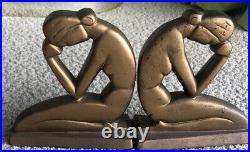 PAIR ANTIQUE ART DECO 40's GILT 30's CAST IRON PRAYING WOMAN NUDE GIRL BOOKENDS