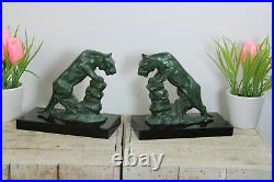 PAIR french art deco spelter bronze panther tiger book ends attr frecourt