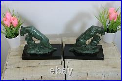 PAIR french art deco spelter bronze panther tiger book ends attr frecourt