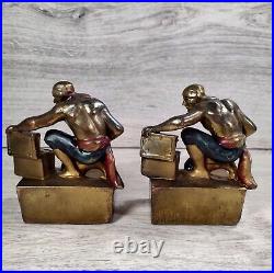 PAUL HERZEL Bronze Pirate And Chest Bookends marked Paul Herzel on both
