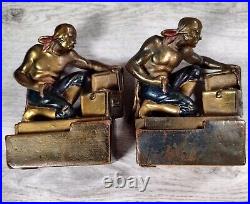 PAUL HERZEL Bronze Pirate And Chest Bookends marked Paul Herzel on both