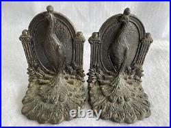 Pair 1920-30s Bronze Clad Standing Peacock Bookends 5 3/4 t x 4 wide