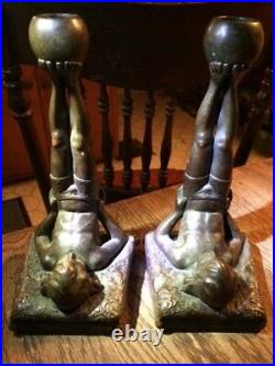 Pair Antique Bronze Bookends Candlesticks Superior Condition Exquisite Details