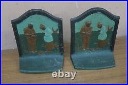 Pair Antique Painted Angelus Call to Prayer Bookends Cast Iron Framers Harvest