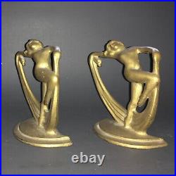 Pair Art Deco Bookends Scarf Dancer Figurines Bronze Tone 5 Tall Metal VINTAGE