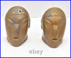 Pair Art Deco Cast Metal Bust Sculpture Figural Face Bookends Egyptian Revival