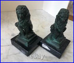 Pair Bronze Lion & Shield Marble Base Bookends