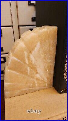 Pair Carved Alabaster Marble Stone Fan Art Deco Style Vintage Bookends