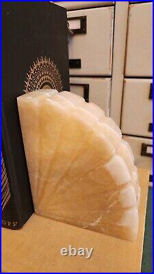 Pair Carved Alabaster Marble Stone Fan Art Deco Style Vintage Bookends