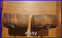 Pair Carved Antique Mahogany Wood Orchid Flower Bookends Botanical Relief