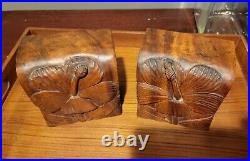 Pair Carved Antique Mahogany Wood Orchid Flower Bookends Botanical Relief