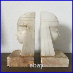 Pair Italian Art Deco Egyptian Revival Alabaster Marble Bookends Woman Bust Head