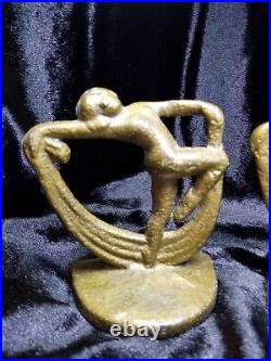 Pair Of Art Deco Cast Iron Nude Female Scarf Dancer Bookends, Gold Finish