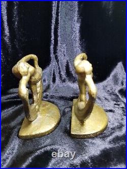 Pair Of Art Deco Cast Iron Nude Female Scarf Dancer Bookends, Gold Finish