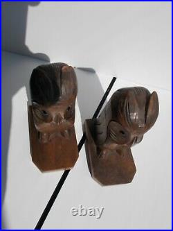 Pair Of Art Deco Wood Hand Carved Owl Bookends