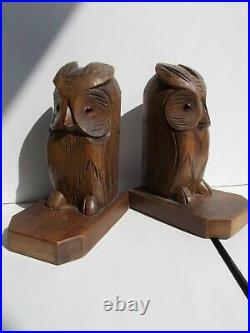 Pair Of Art Deco Wood Hand Carved Owl Bookends