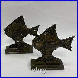 Pair Of Vintage Art Deco Bronzed Cast Iron Figural Fish Bookends