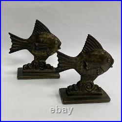 Pair Of Vintage Art Deco Bronzed Cast Iron Figural Fish Bookends