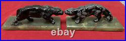 Pair Of Vintage Metal Black Panthers Bookends on Green Marble Base Read