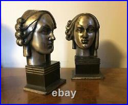 Pair Period 1930's Art Deco Bookends Woman's Head Egyptian Sculpture Style