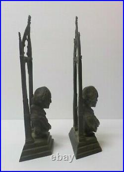 Pair Vintage Bronze Gothic Cathedral Bookends, Male Portrait Bust
