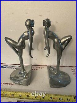 Pair Vintage Frankart Frank Art Nude Nymph Woman Girl with Frog Bookends Deco USA
