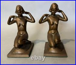 Pair Vintage Frankart Style Art Deco Nouveau Figural Cast Metal Nude Bookends