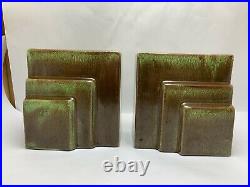 Pair Vtg West Coast Pottery California Art Deco #116 Green & Brown Bookend Vases