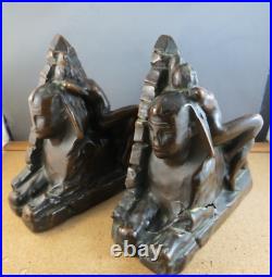 Pair of 1920's Marion Egyptian Revival Sphinx Pyramid Nude Woman Bronze Bookends
